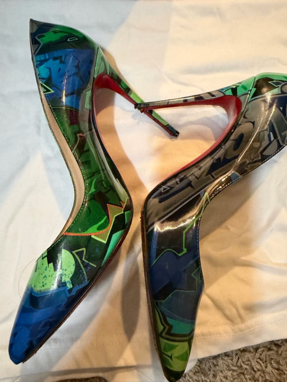 Christian Louboutin Green & Blue Graffiti Patent Pointed Toe Pumps